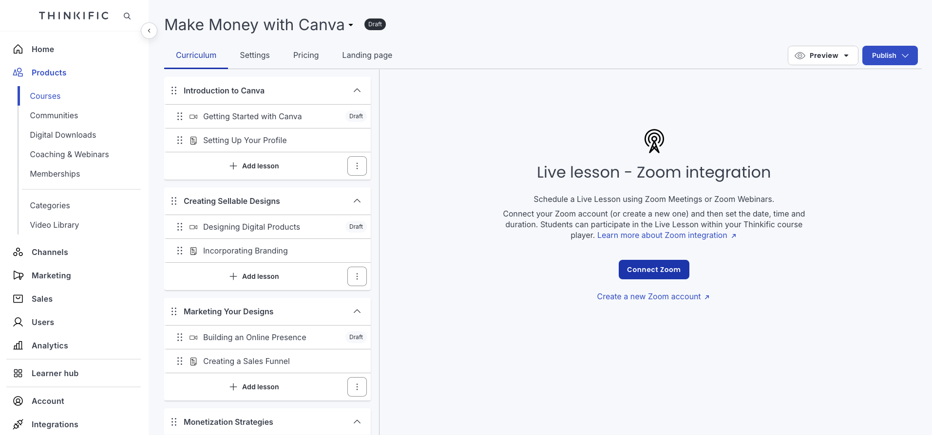 Connecting to Zoom in Thinkific