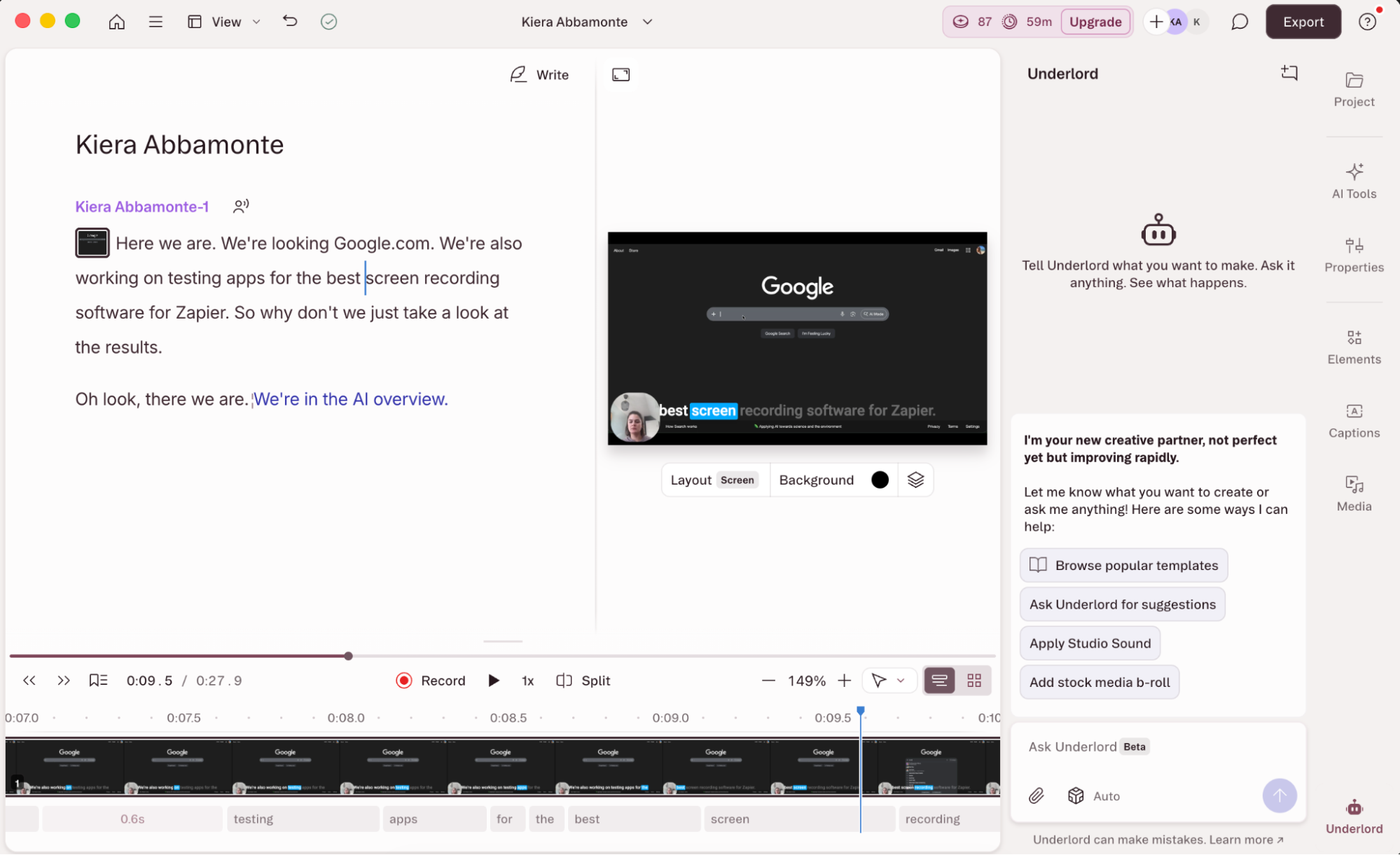 Descript, our pick for the best screen recorder for affordable editing features
