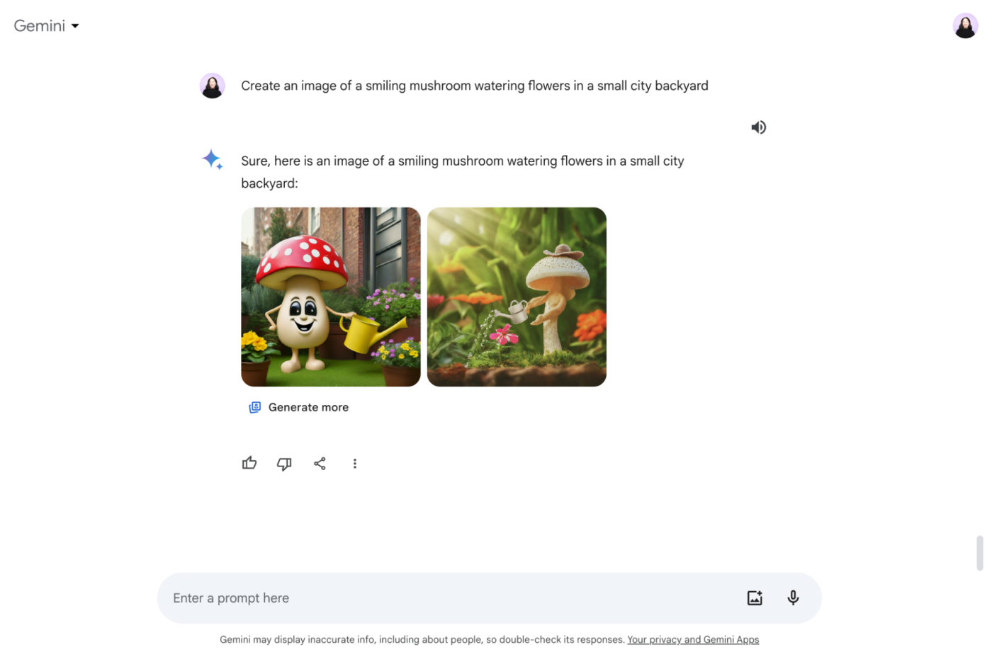 Gemini offering AI-generated two images of a smiling mushroom watering flowers in a small city backyard. 