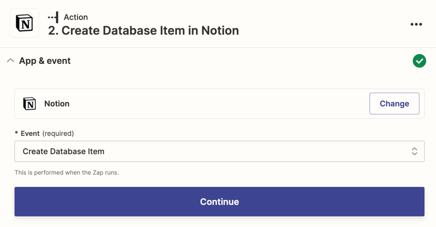 An action step in the Zap editor with Notion selected as the action app and Create Database Item selected for the action event.