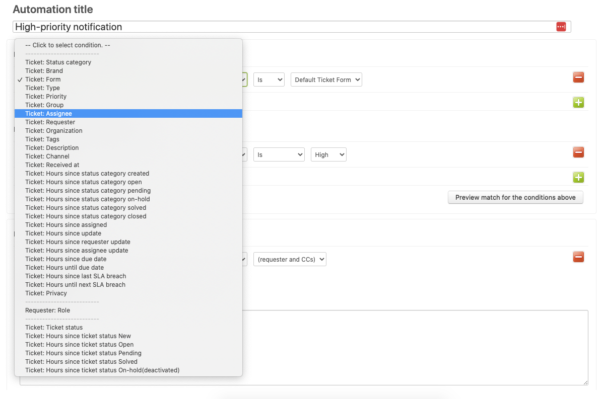 Screenshot of Zendesk's automation and trigger options.