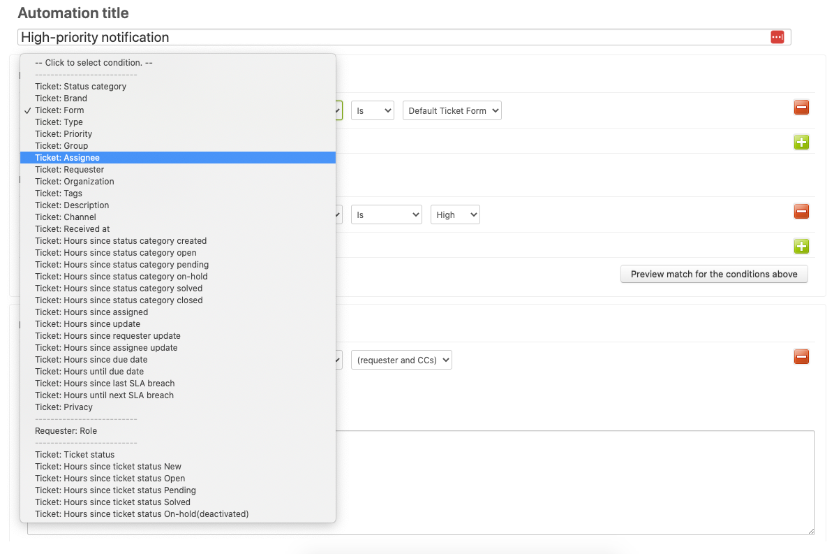 Screenshot of Zendesk's automation and trigger options.