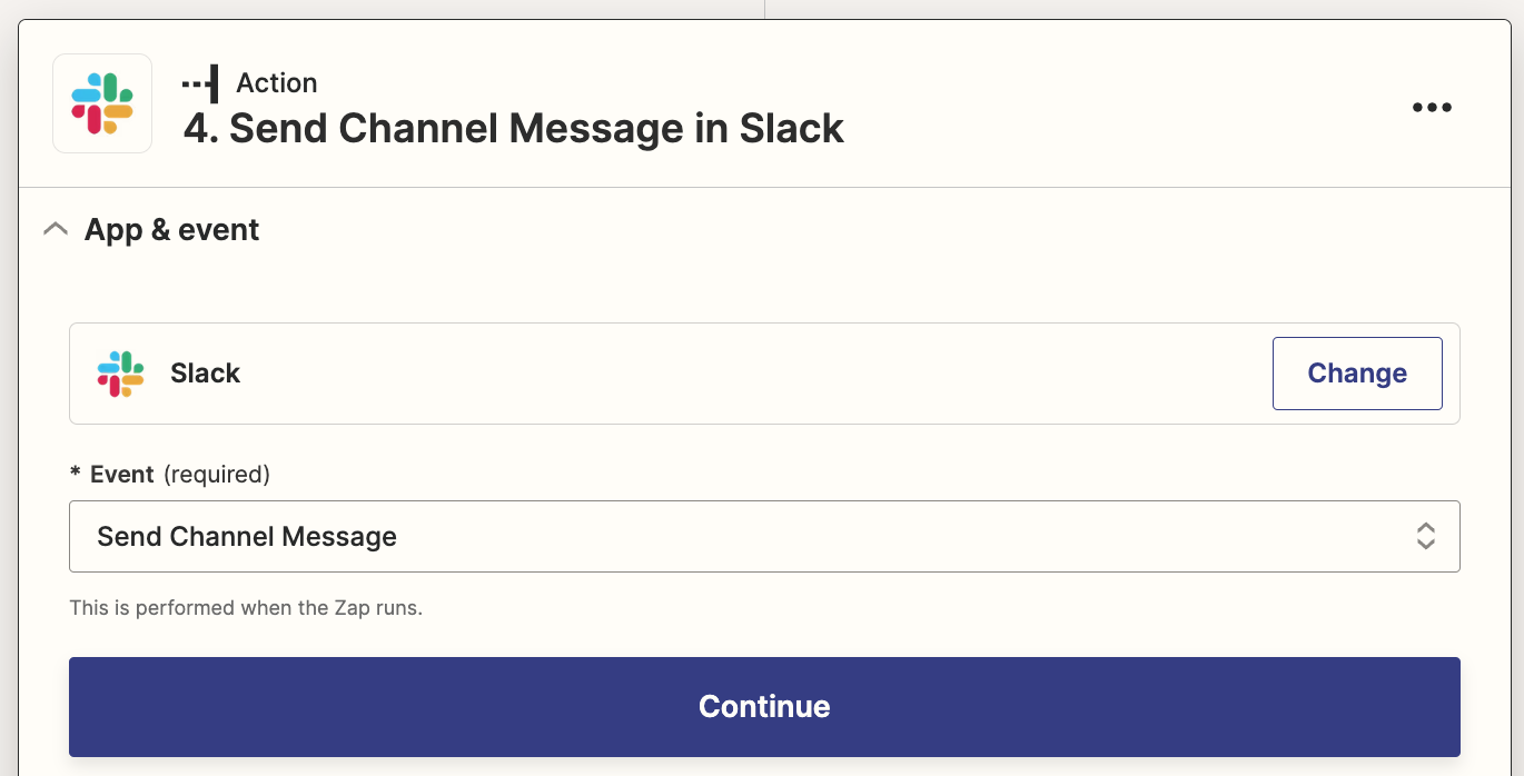 A Slack action step in the Zap editor with Send Channel Message selected for the action event.