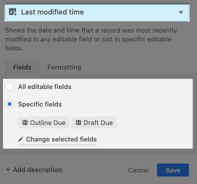 The "last modified time" field options in Airtable. The field option settings are highlighted.