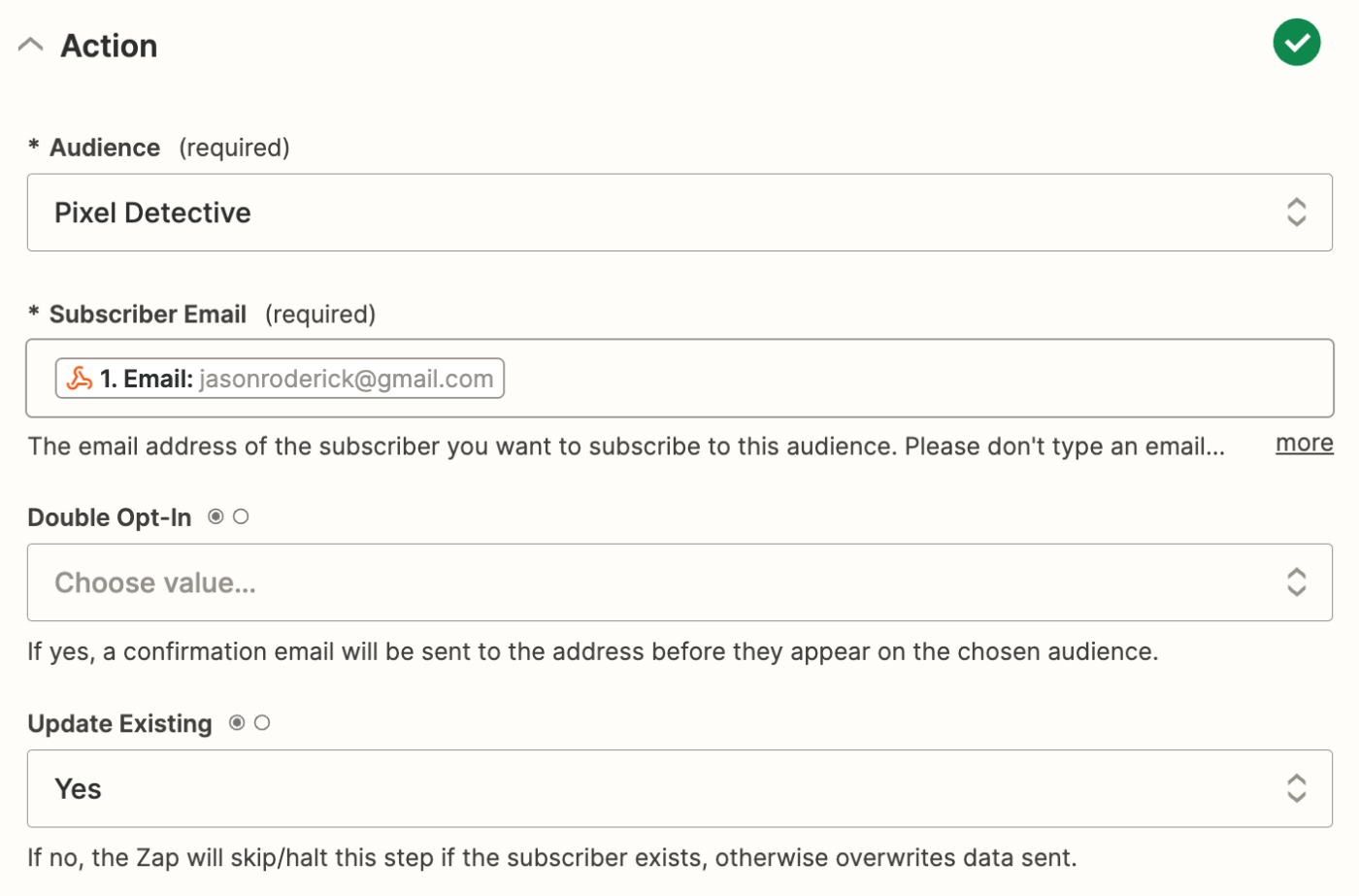 Mailchimp fields in the Zap editor with webhooks data added to some fields.