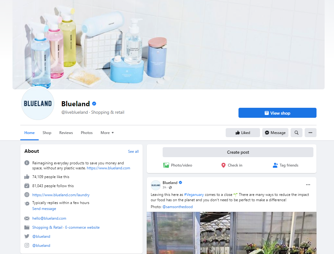 Blueland's Facebook Page profile