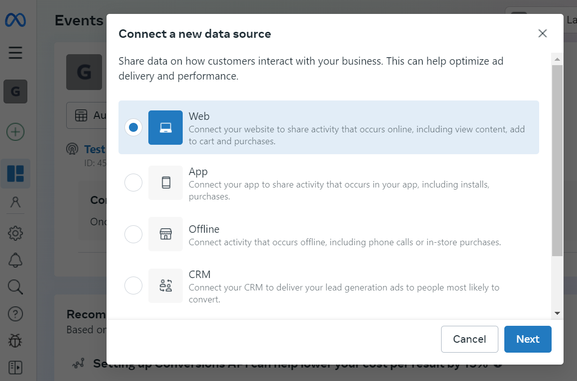 Connecting a new data source to Meta Business Suite