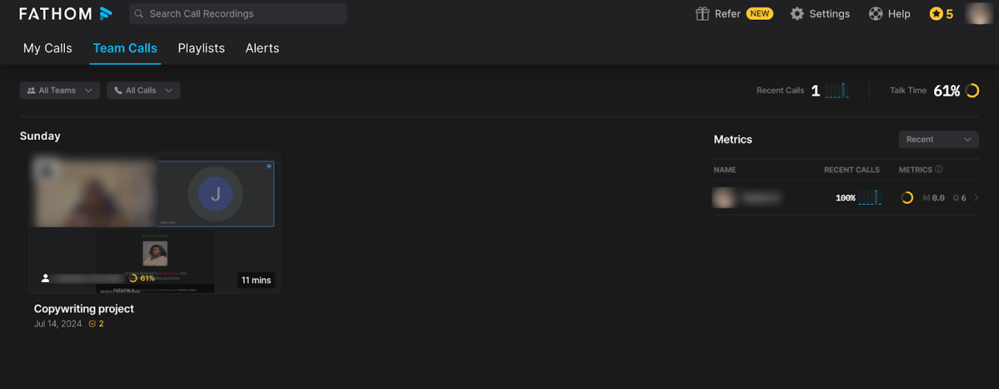 A minimalist dashboard in Fathom with tabs for My Calls, Team Calls, Playlists, and Alerts