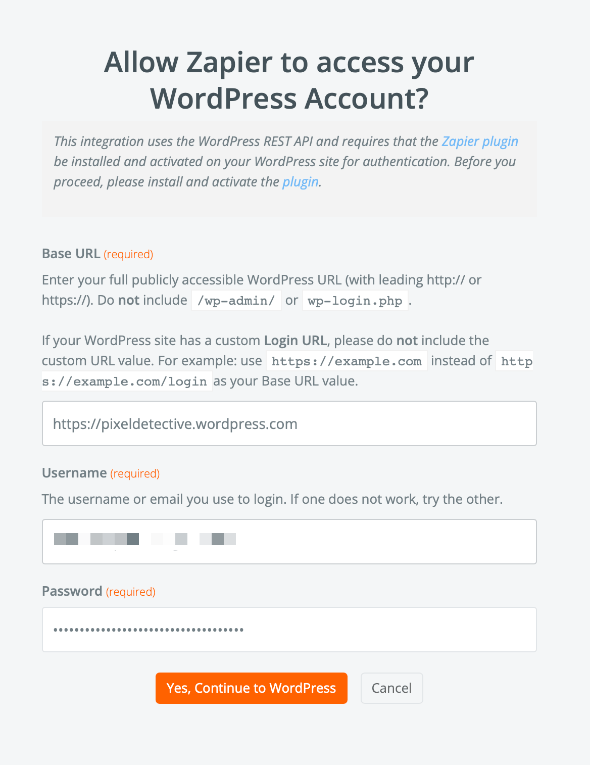 A modal asking the user if they allow Zapier access to their WordPress account
