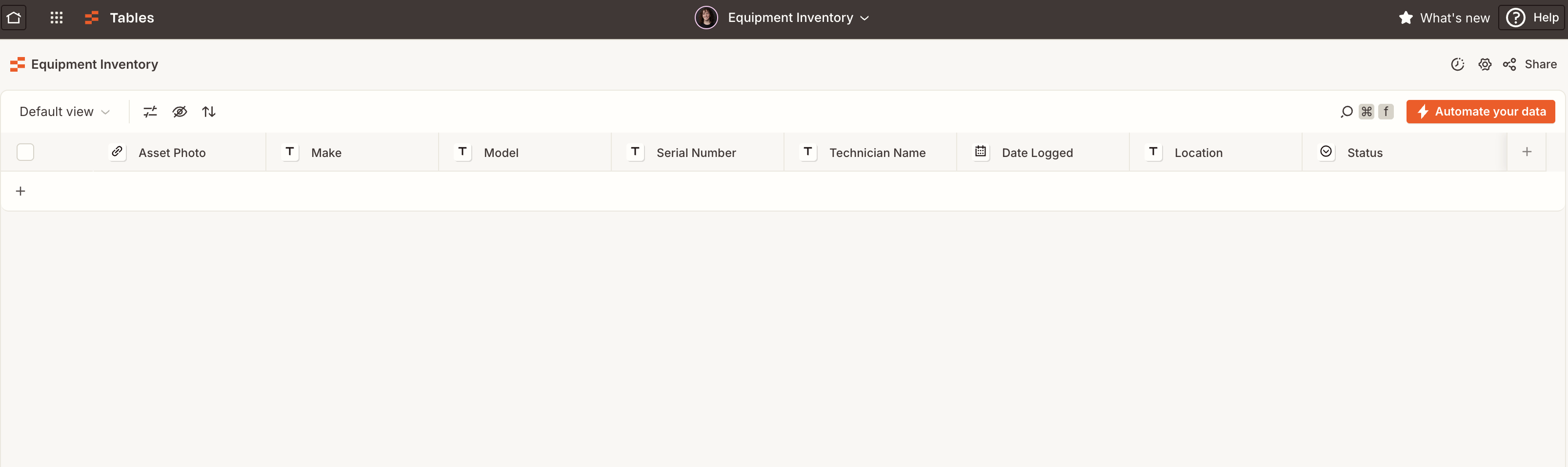 タイトルと記入済みの列がある、ほぼ空白のZapier Tables