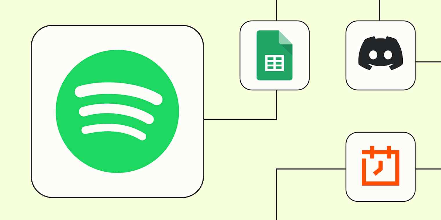 The Spotify logo connected to logos of Google Sheets, Discord, and Schedule by Zapier against a lime green background