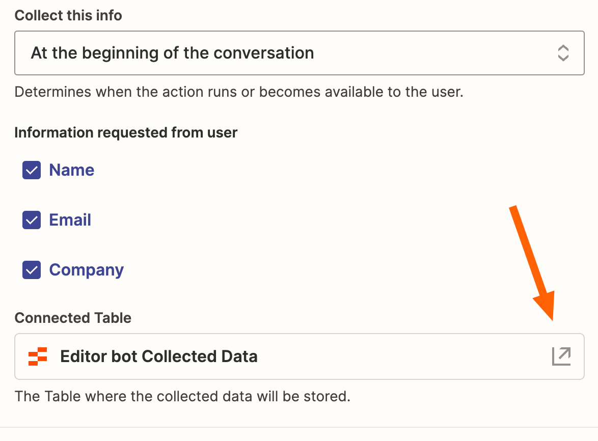 Screenshot of tables link