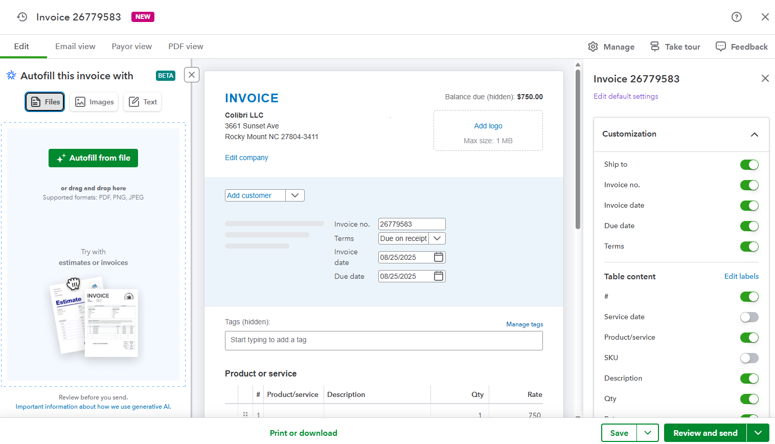 Setting up an invoice in QuickBooks