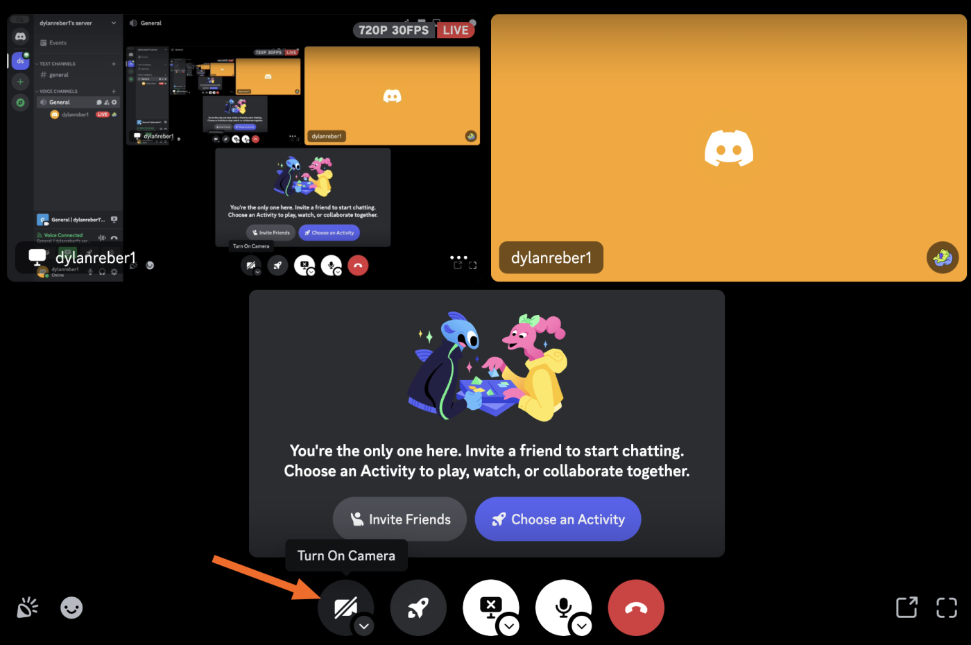 Image showing how to turn camera on while sharing your screen on Discord