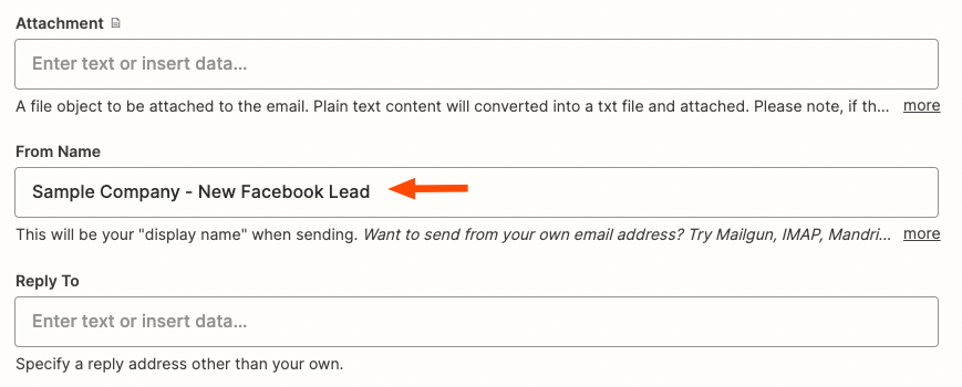An orange arrow pointing to "Sample Company - New Facebook Lead" entered in the From Name field.