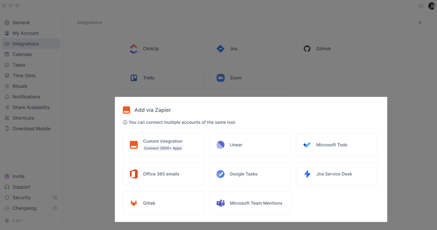 A screenshot of the Zapier section of Akiflow's integration tab.