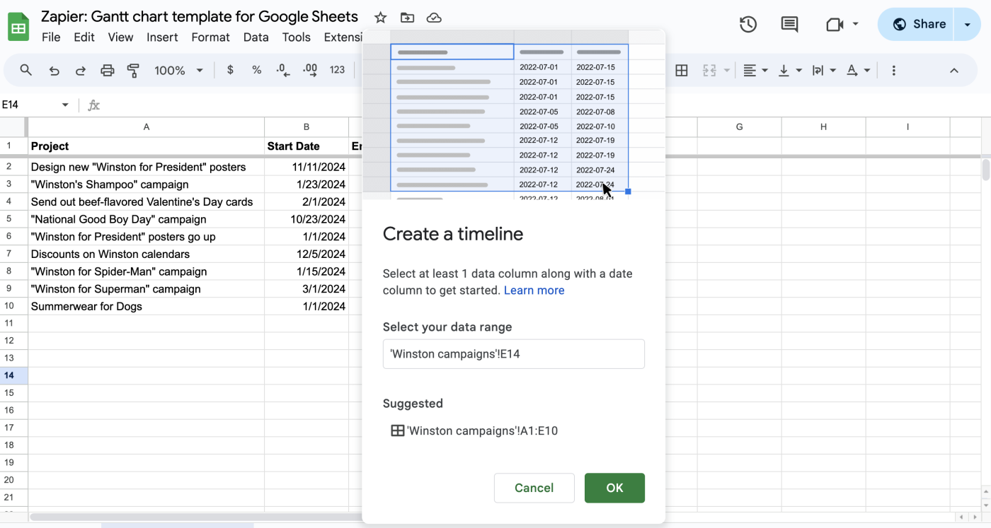 Using the Create a timeline box in Google Sheets to create a Gantt chart
