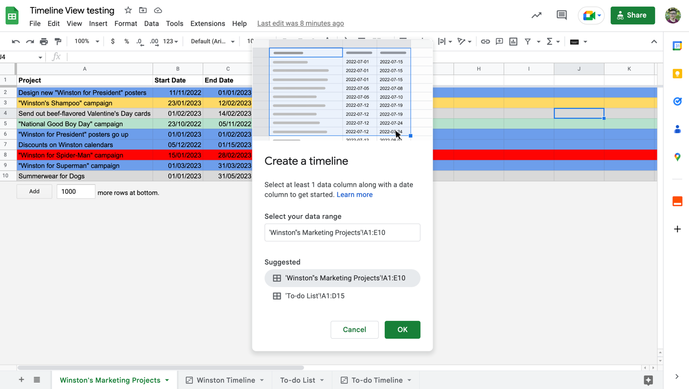 Using the Create a timeline box in Google Sheets to create a Gantt chart