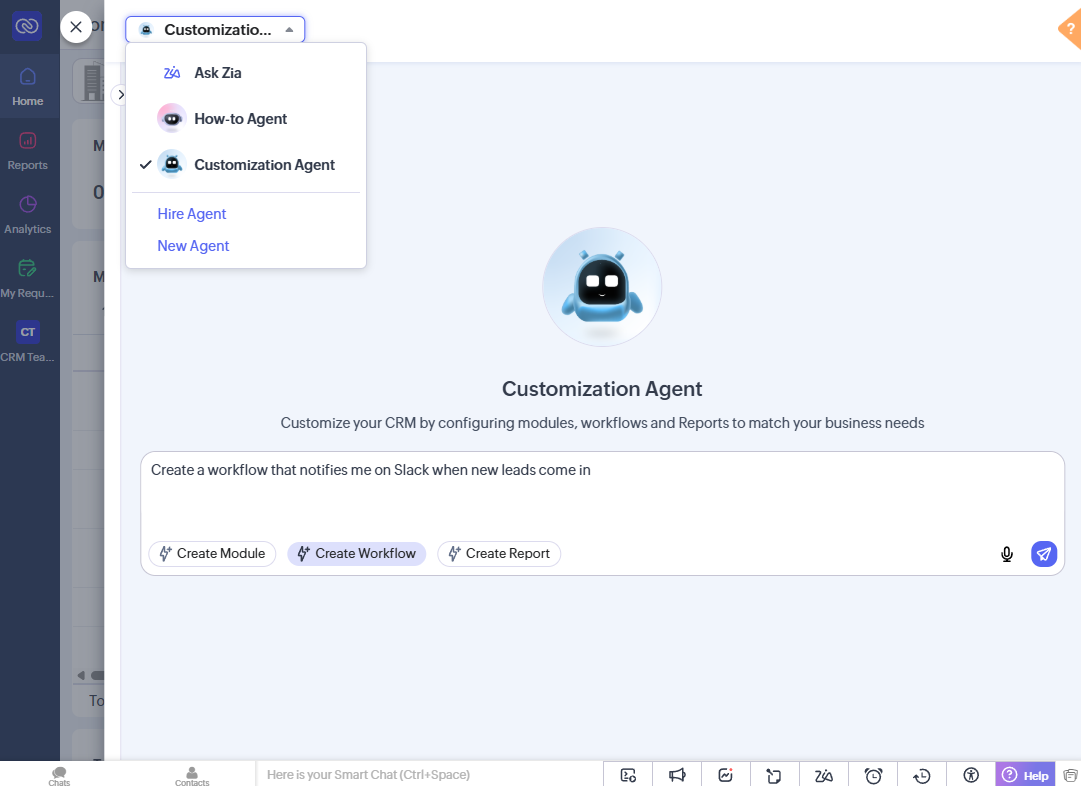 The customization agent in Zoho CRM