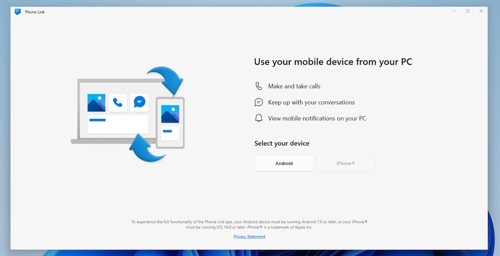 Phone Link popup to connect your mobile device from your PC. 