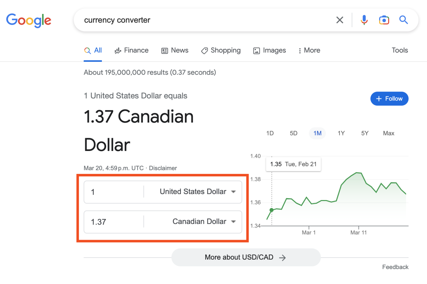 A currency converter displayed at the top of a Google Search results page with the words currency converter in the search bar.