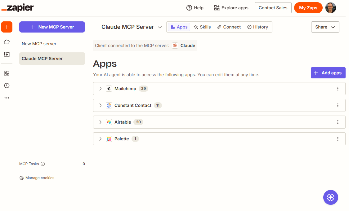 Zapier MCP's connected apps page