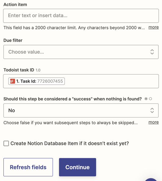Screenshot of the Zap editor showing the "Todoist task ID" field