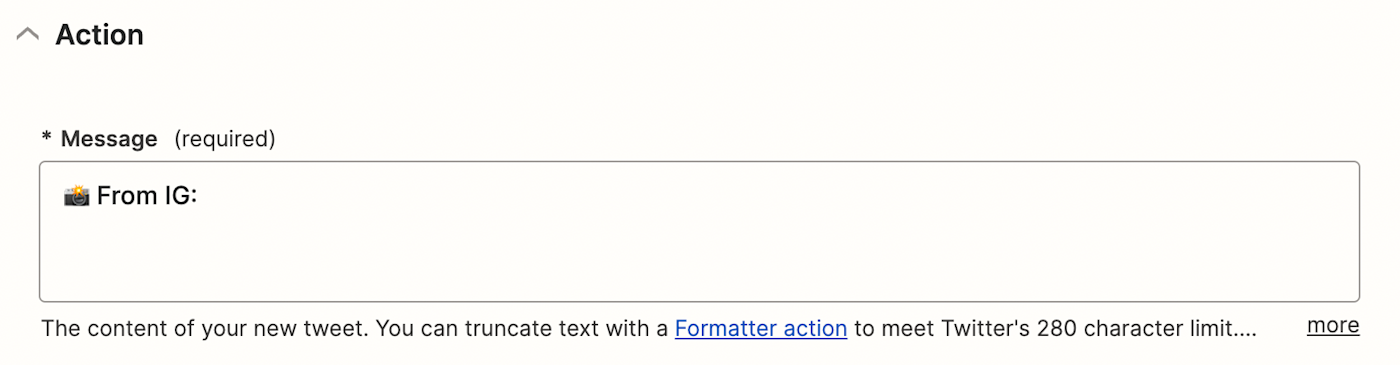 Screenshot of the Message field of the setup for a Twitter action step in Zapier.