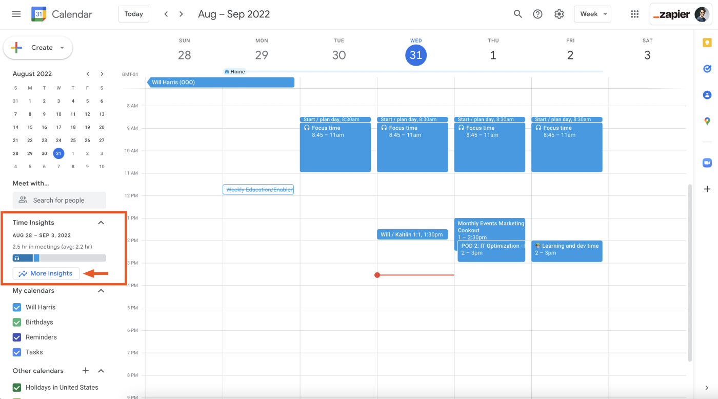 A screenshot of the Google Calendar home screen with am emphasis on the Time Insights section.