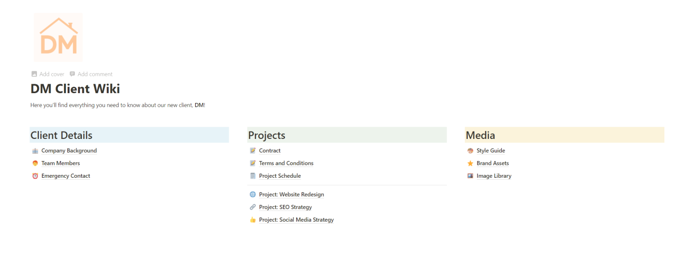 An example of a client wiki dashboard in Notion