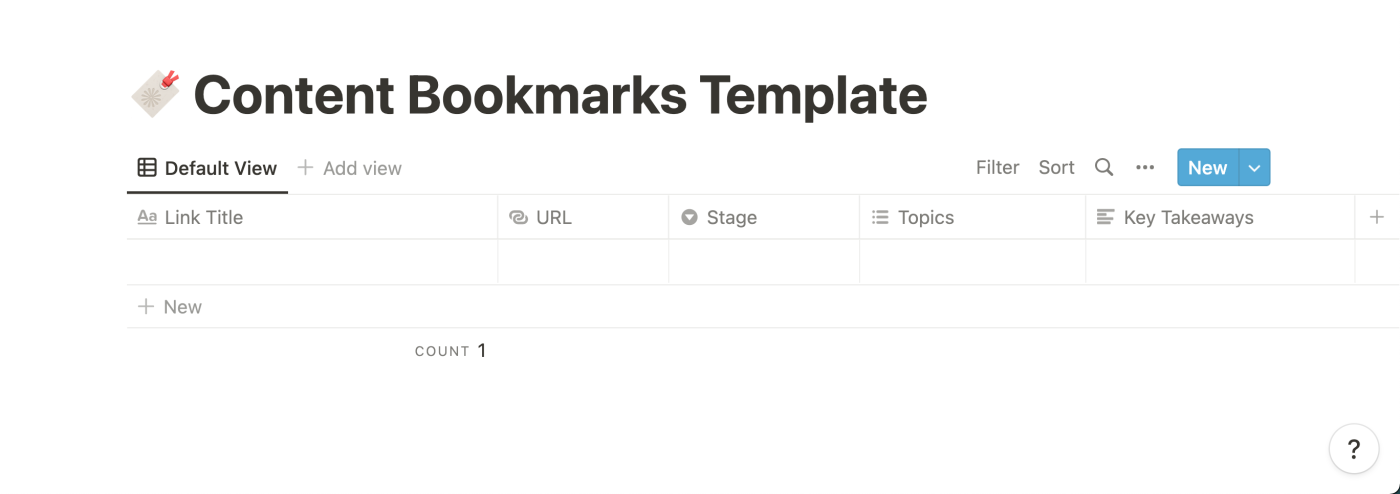 A blank content bookmarks template in Notion