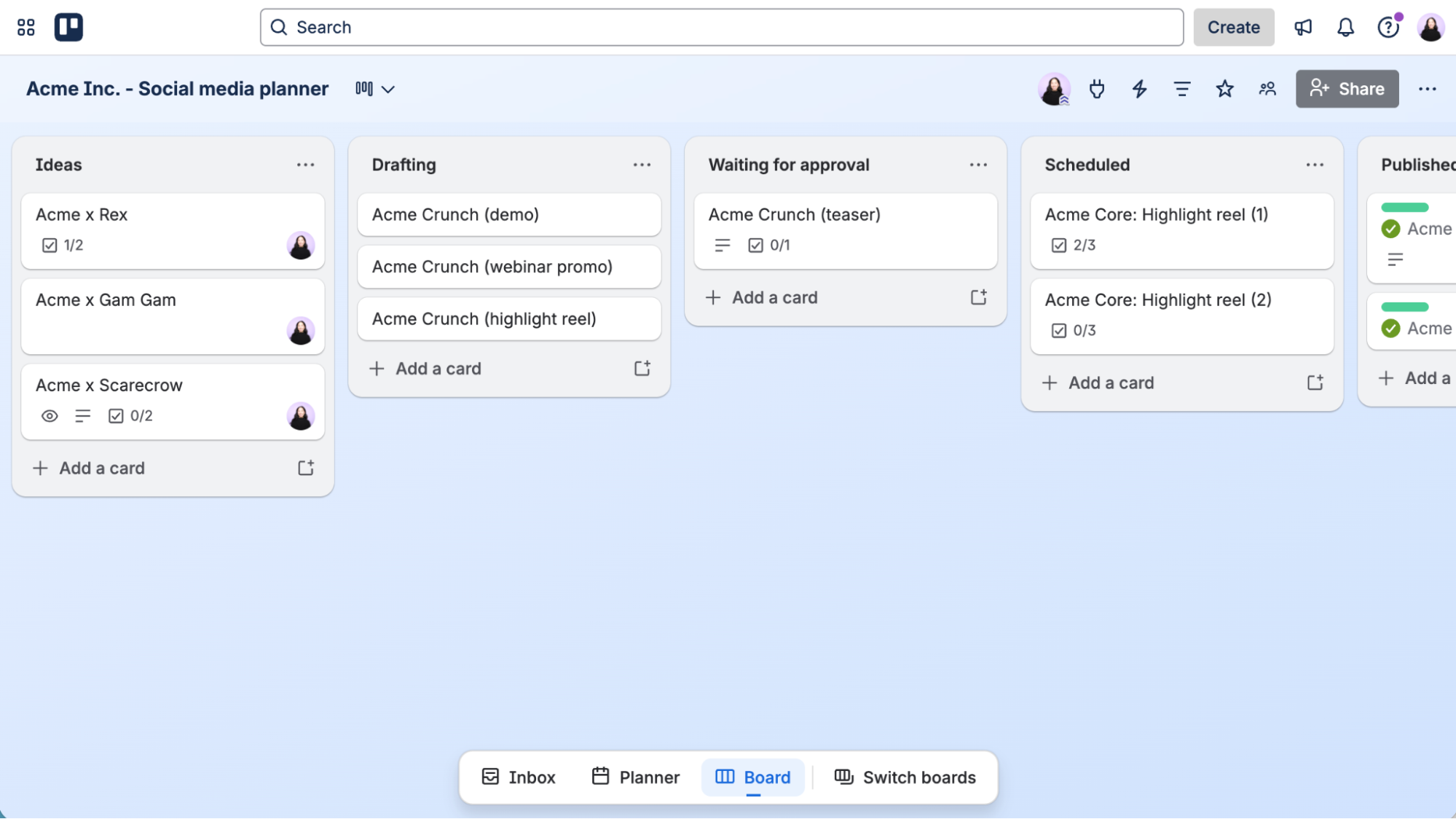Trello board example for social media planning.