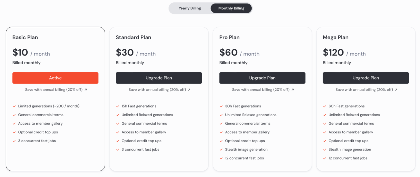 Midjourney's pricing page