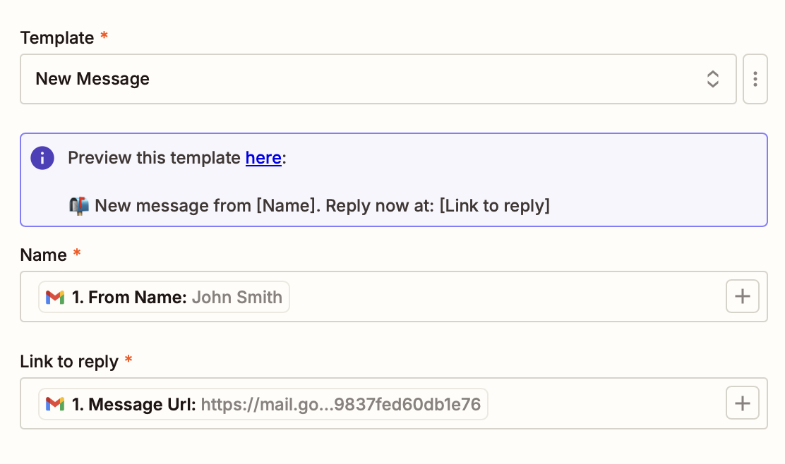 A window in the Zap editor with fields for selecting a "Template," "Name," and "Link to reply," with data mapped from the previous Gmail trigger step.