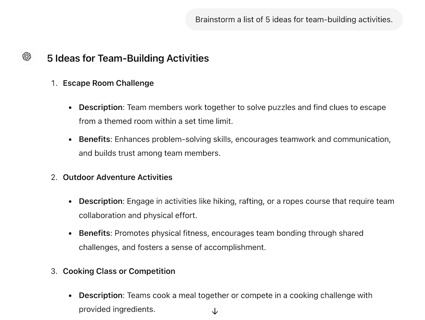Conversation with ChatGPT showing a list of team-building activity ideas.