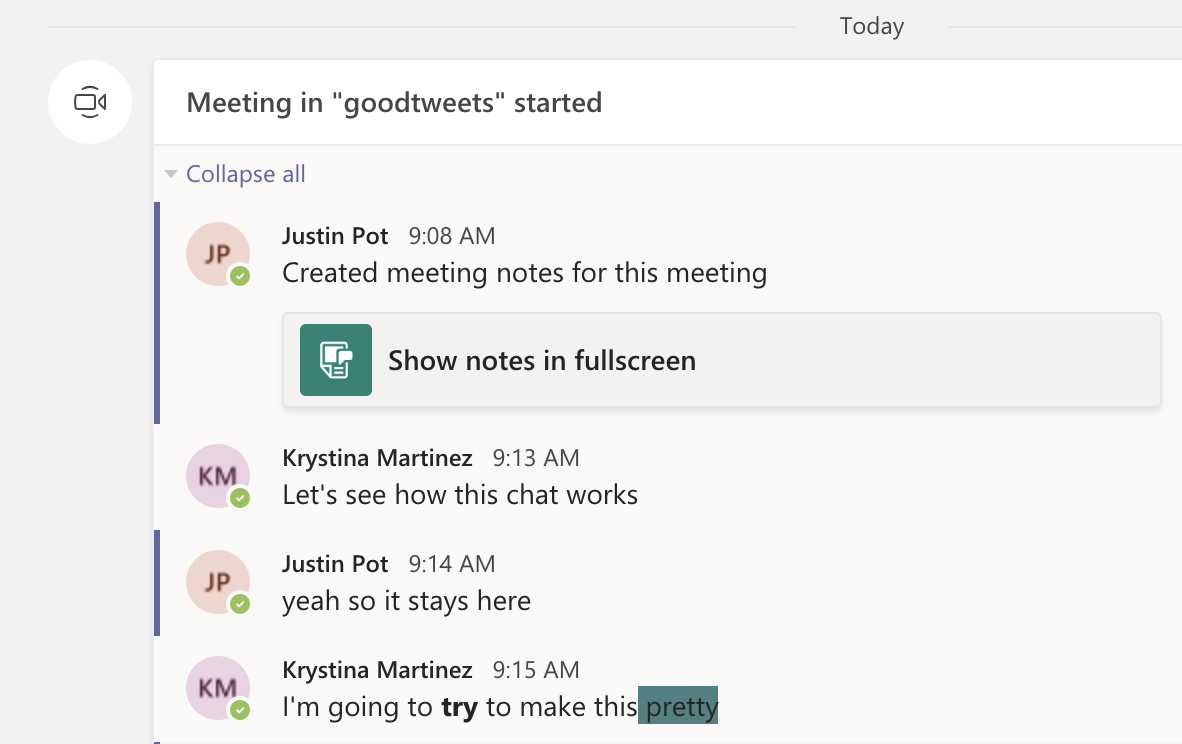 Meeting chat record in Microsoft Teams