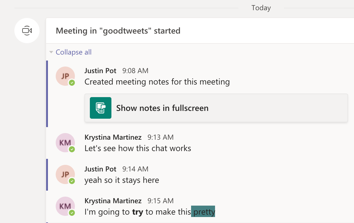 Meeting chat record in Microsoft Teams