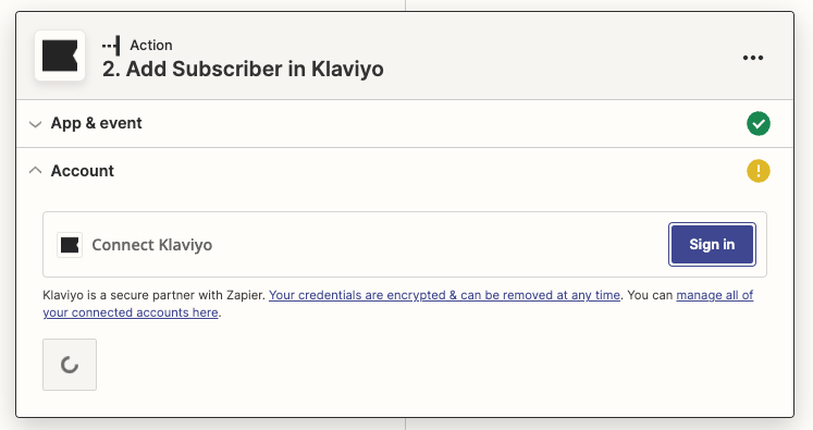 In the account section, select the Klaviyo account you want to connect with Zapier.