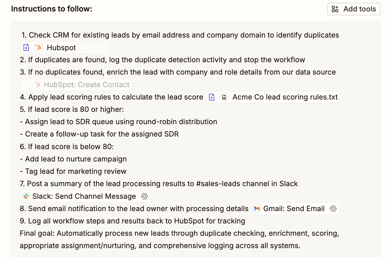 The instructions panel in a Zapier Agent, populated with actions and data sources