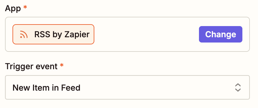 A trigger step in the Zap editor with RSS by Zapier selected for the trigger app and New Item in Feed selected for the trigger event.