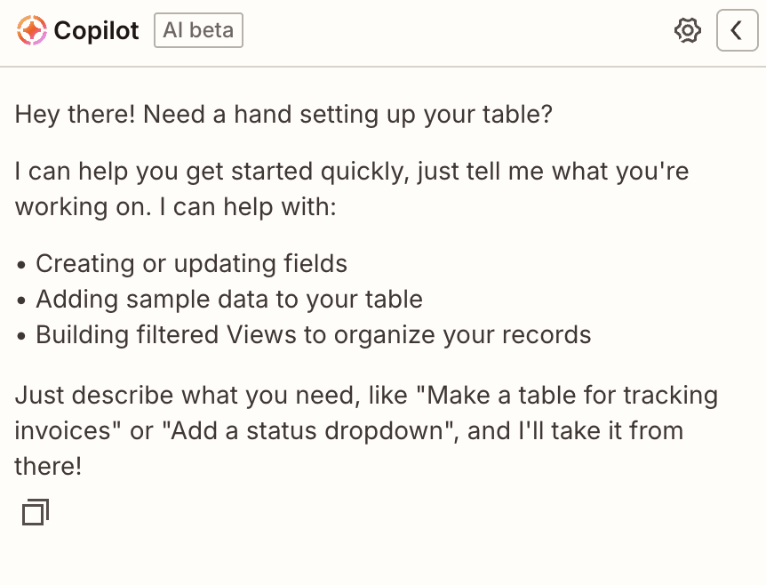 A chat conversation with the Copilot AI assistant inside Tables
