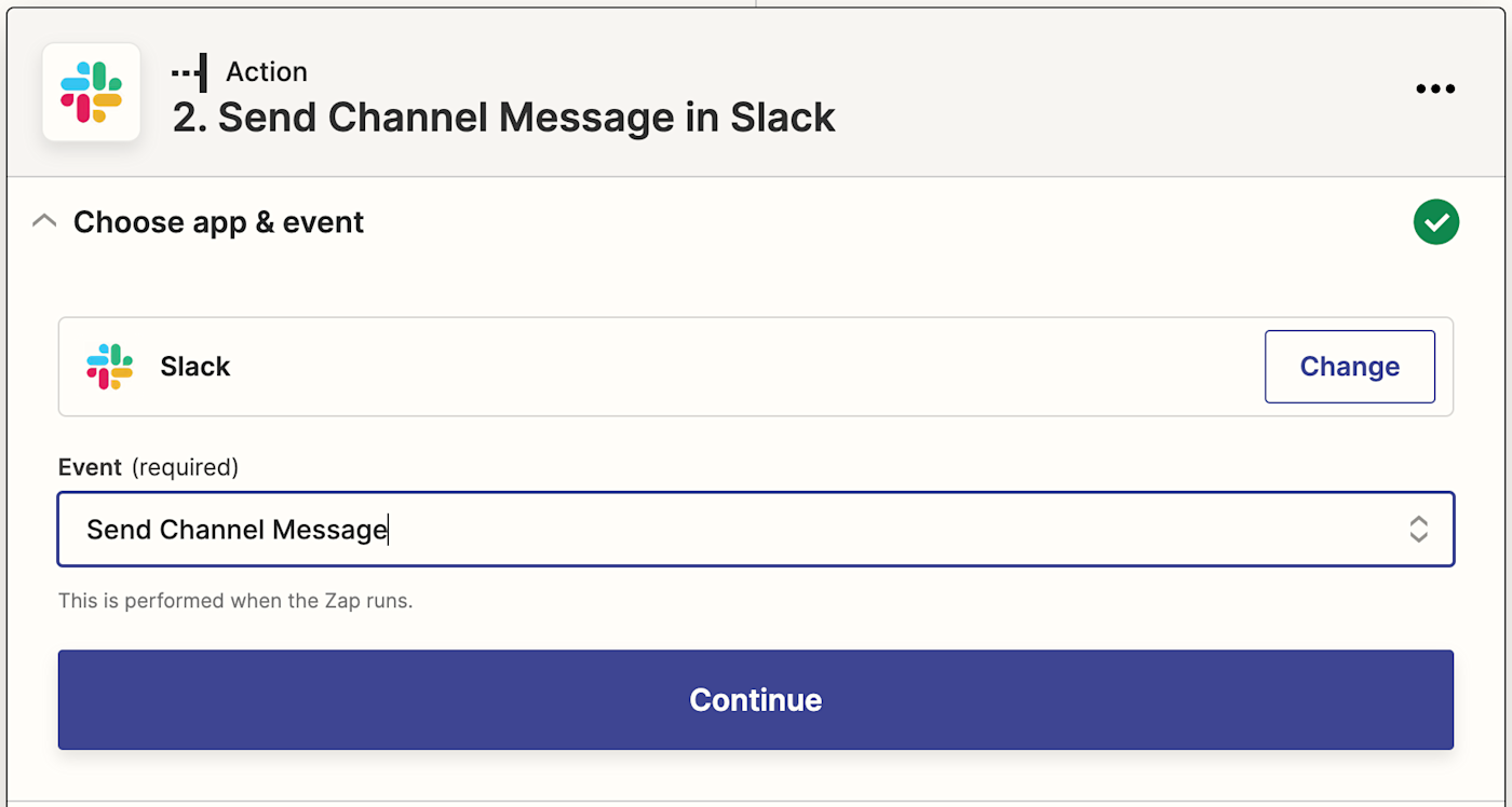 The Slack app logo with "Send Channel Message" selected in the Event field.