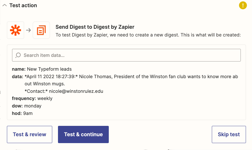 Testing the "Create Digest" action in the Zap editor. 