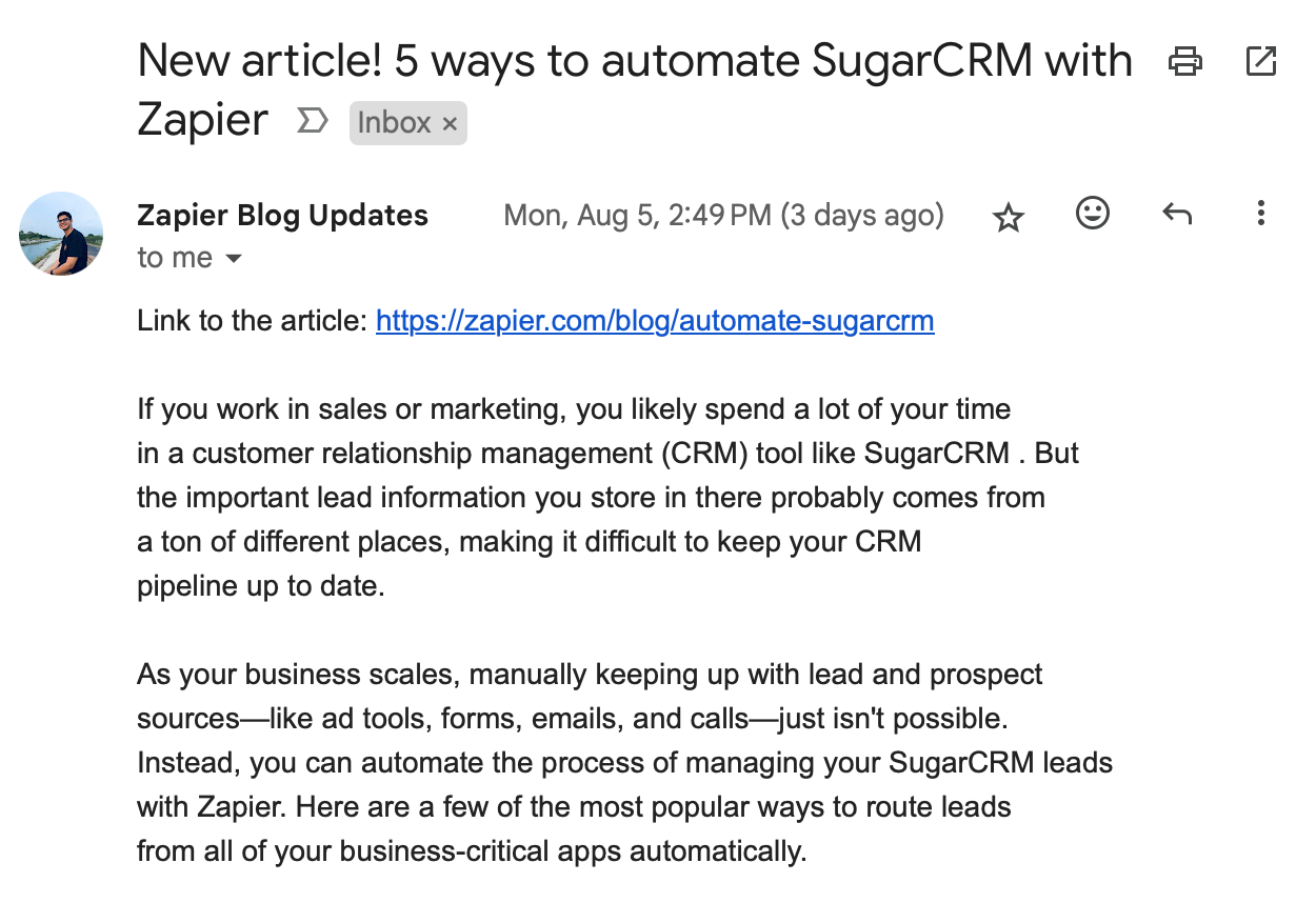 An email with the subject line "New article! 5 ways to automate SugarCRM with Zapier"