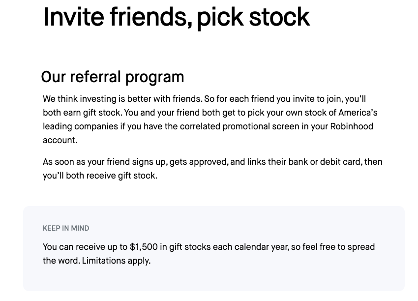 Screenshot of Robinhood's referral program, with the title "Invite friends, pick stock"  