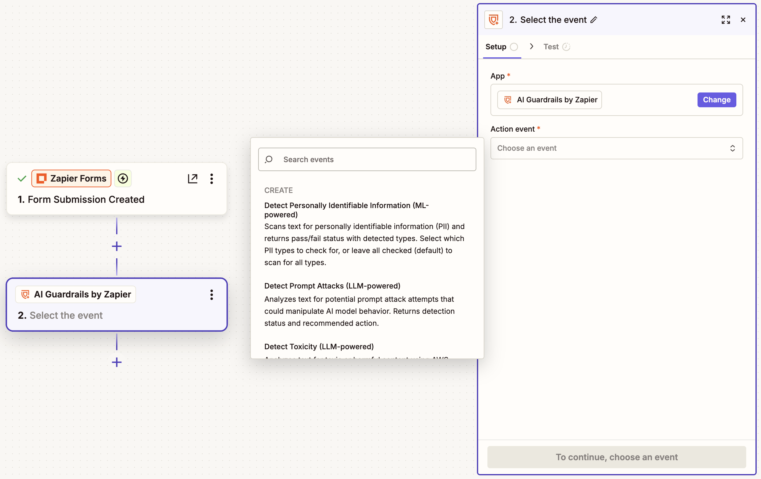 The setup page for an AI Guardrails by Zapier step inside the Zap editor