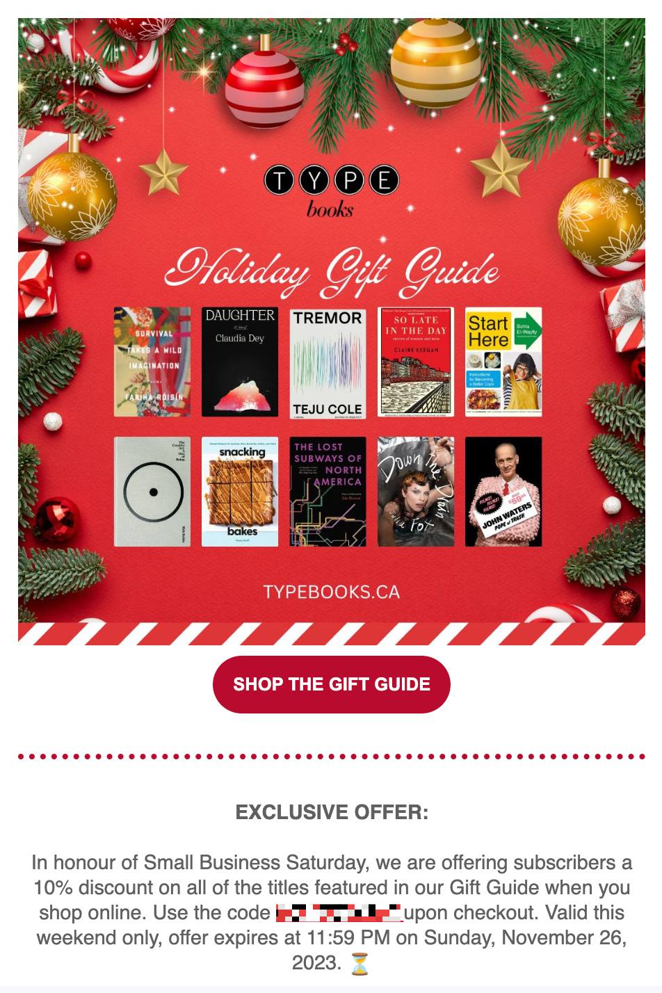 Holiday email marketing campaign example from the bookstore Type Books. 