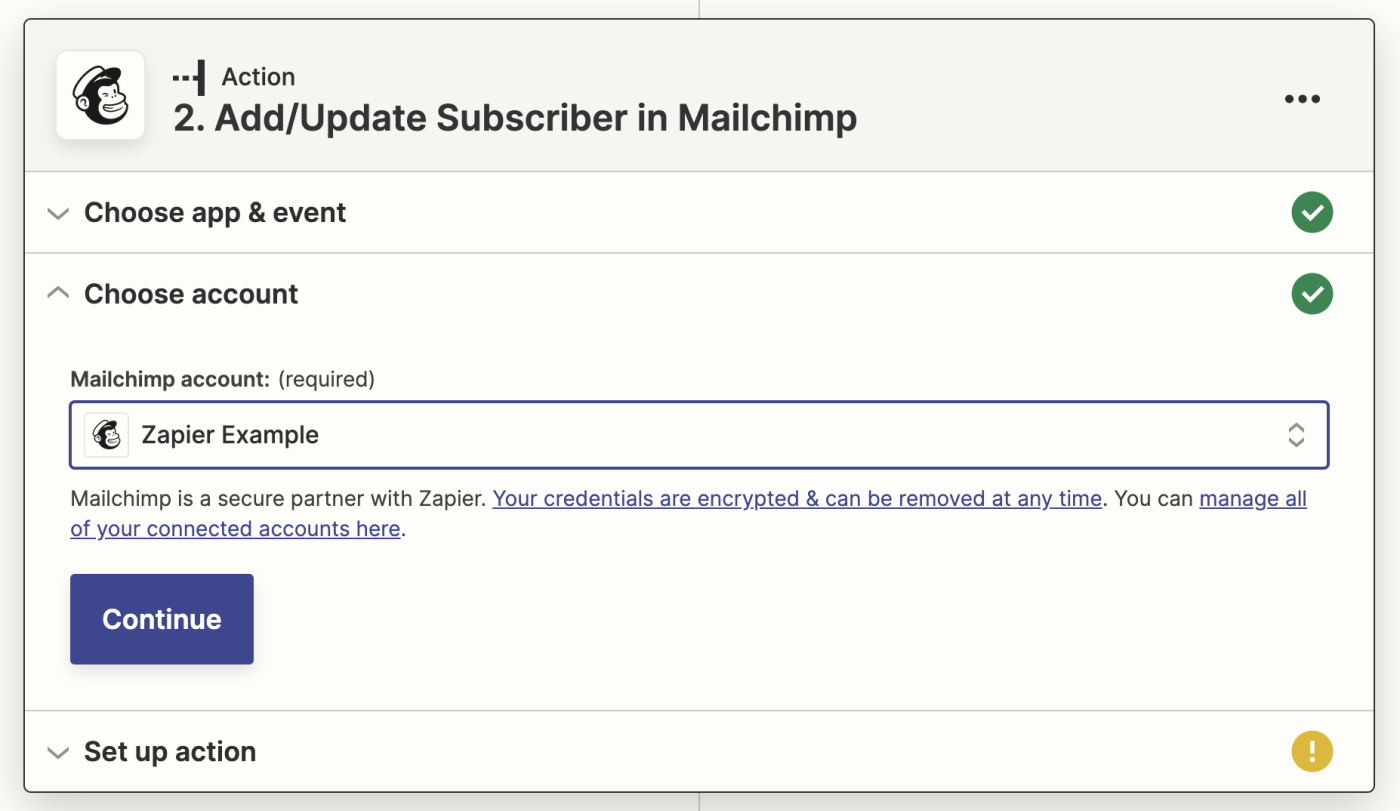 A Mailchimp account is selected in the Mailchimp account field in a Zap action step in the Zap editor.