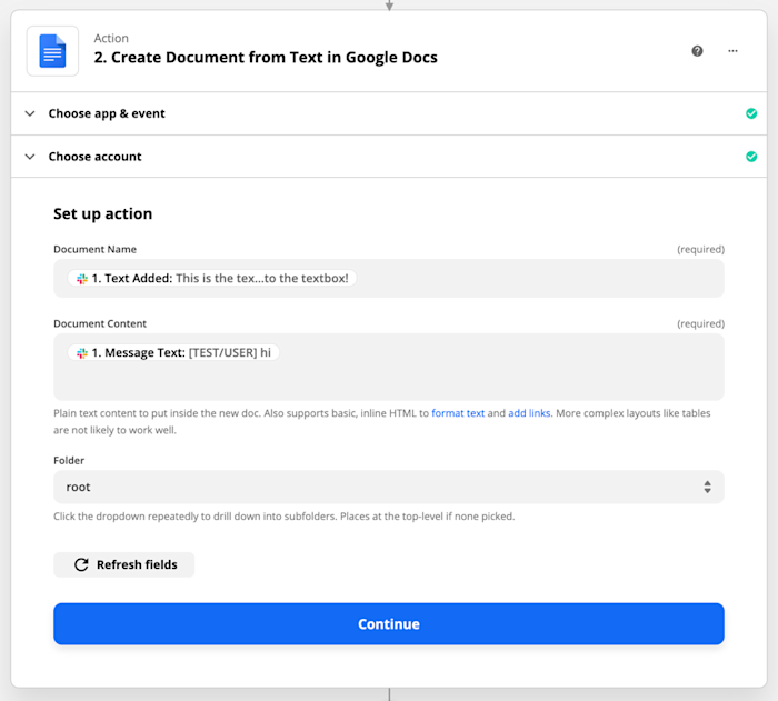 The set-up of an action step showing fields from Slack being pulled in for the document name and document content.