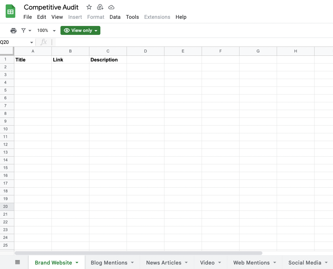 A Google Sheets spreadsheet with multiple worksheet tabs and Title, Link, and Description headers.